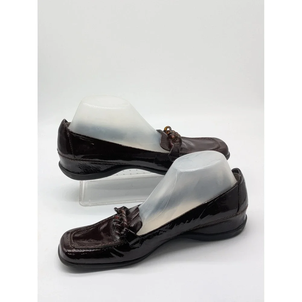 Enzo Angiolini Women's 8M Brown Patent Leather Chain Loafers Square Toe